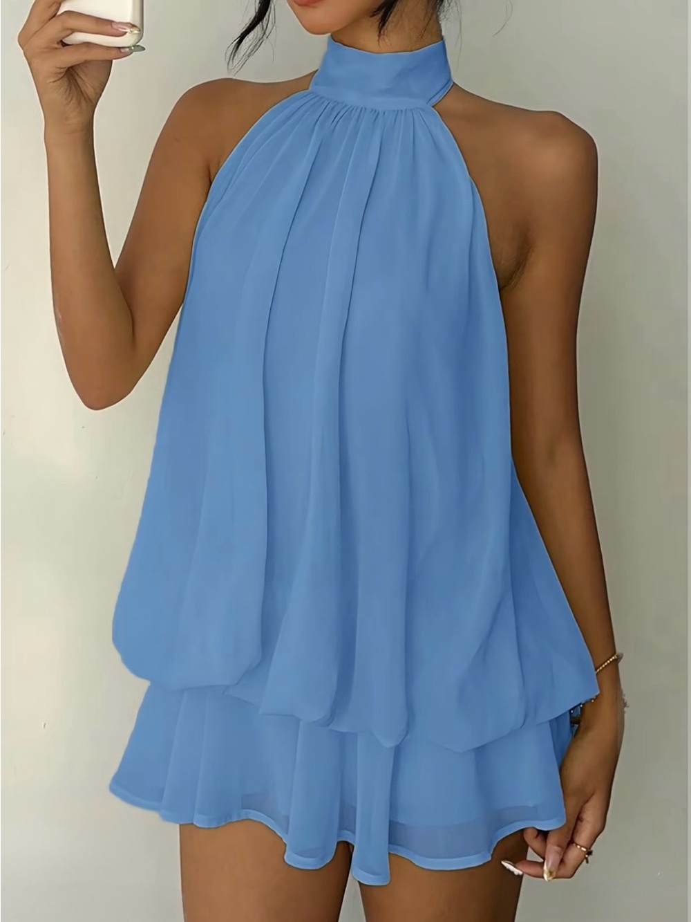 Blue Halter Neck Chiffon Romper Dress